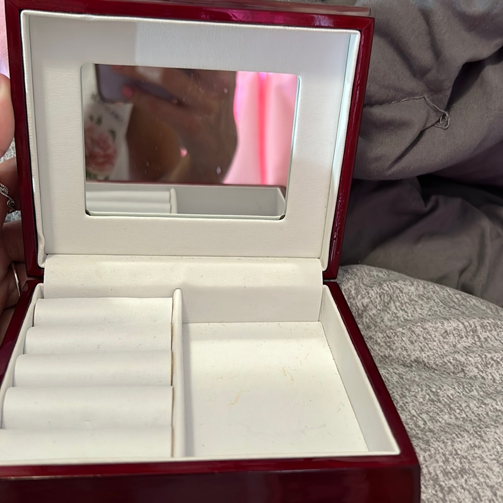 red brown jewelry box with mirror